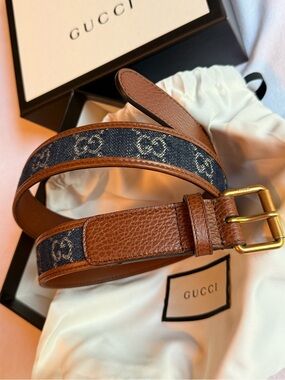 GUCCI GG Monogram Denim Canvas Brown Leather Belt Sz 80 Made in ITALY BNIB
